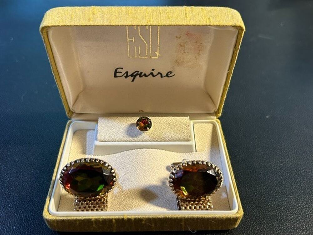 Vintage Esquire Iridescent Glass Cufflinks & Tie Tack Set Gold Tone Mesh